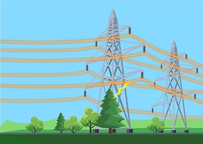 transmission-electric-arc Graphic showing how a tree can create an electric arc when it grows too close to transmission lines